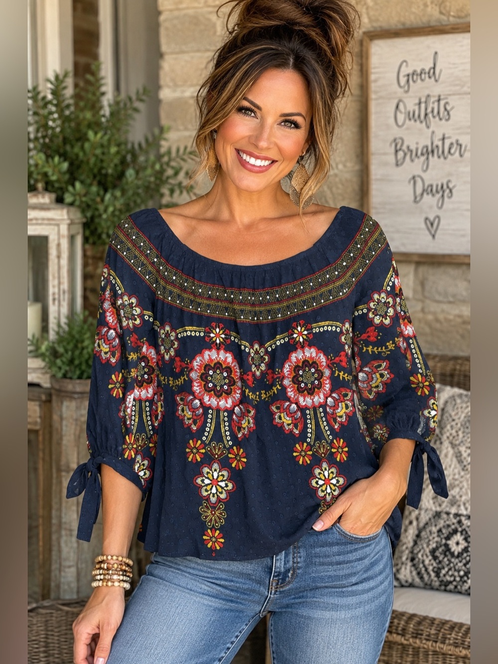 Cresent & Willough Small Navy Floral Boho Tie Sleeve Blouse 100% Rayon